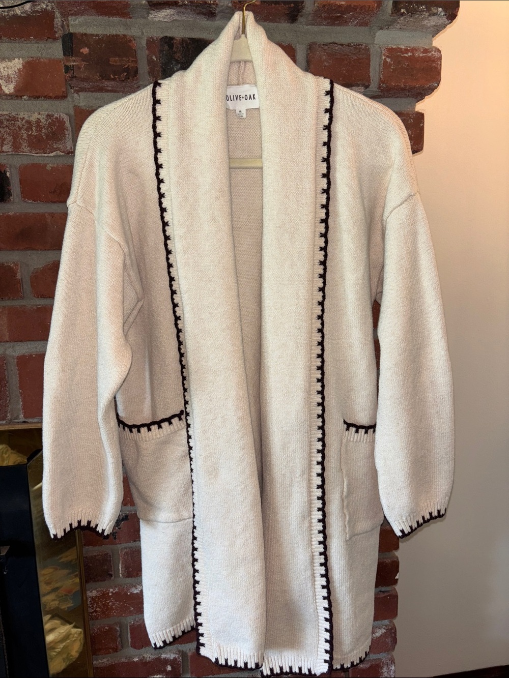 Olive & Oak by Anthropologie Cream Knit Open-Front Cardigan with Black Trim XL